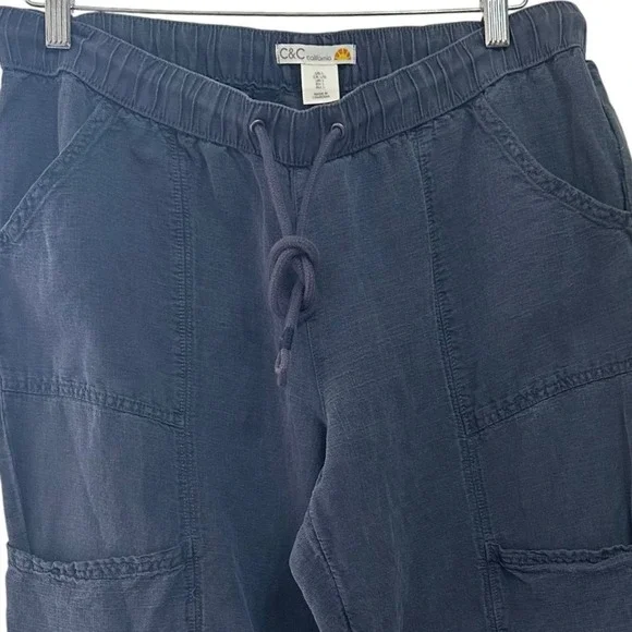 C&C California Cargo Pants Womens Large Navy Blue Linen Blend Cropped Jogger - Picture 3 of 7